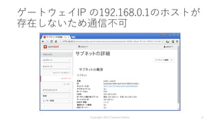 ゲートウェイIP の192.168.0.1のホストが
存在しないため通信不可
Copyright 2015 Takashi Umeno 4
 