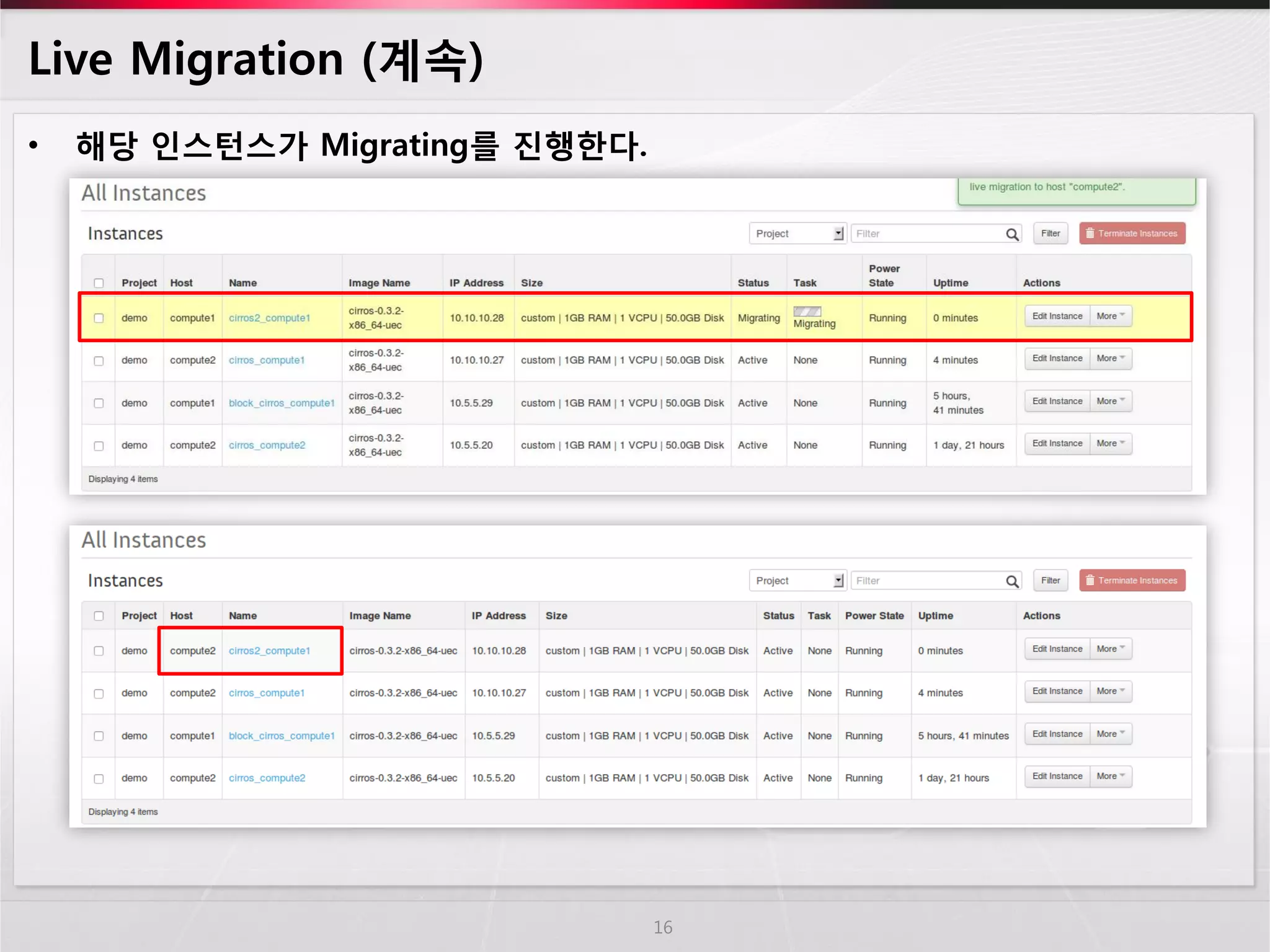 Live Migration (계속) 
•해당 인스턴스가 Migrating를 진행한다. 
16  