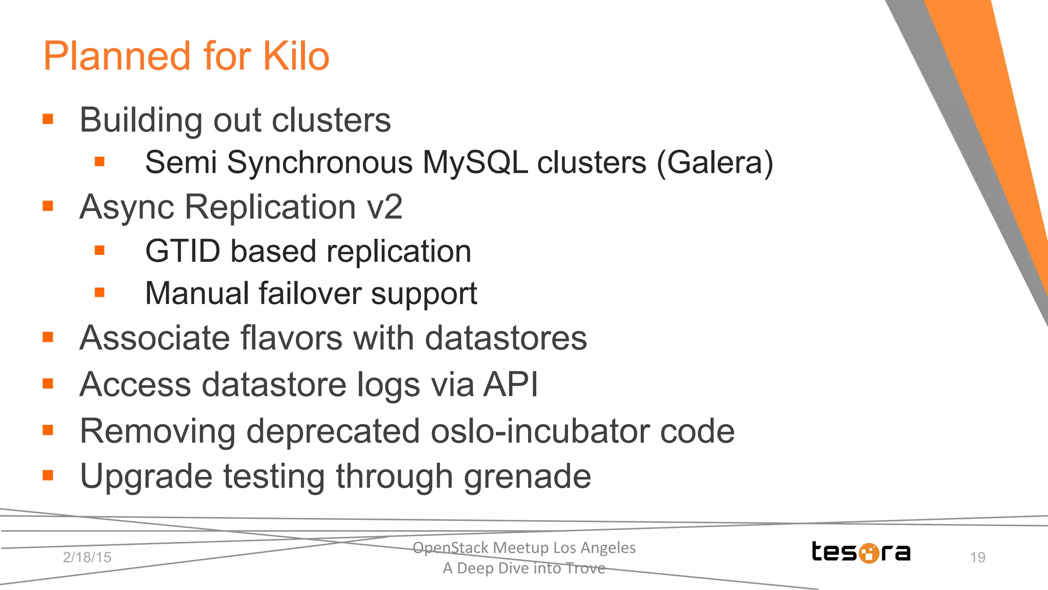 Planned for Kilo
2/18/15
OpenStack	
  Meetup	
  Los	
  Angeles	
  	
  	
  	
  	
  	
  	
  	
  	
  	
  	
  	
  	
  	
  	
  	
  	
  	
  	
  	
  	
  	
  	
  	
  	
  	
  	
  	
  	
  	
  
A	
  Deep	
  Dive	
  into	
  Trove	
  
19
§  Building out clusters
§  Semi Synchronous MySQL clusters (Galera)
§  Async Replication v2
§  GTID based replication
§  Manual failover support
§  Associate flavors with datastores
§  Access datastore logs via API
§  Removing deprecated oslo-incubator code
§  Upgrade testing through grenade
 