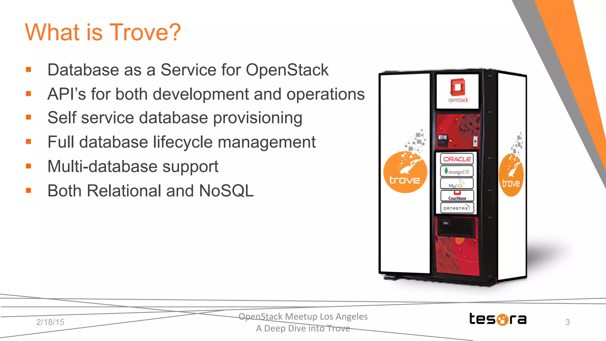 What is Trove?
2/18/15
OpenStack	
  Meetup	
  Los	
  Angeles	
  	
  	
  	
  	
  	
  	
  	
  	
  	
  	
  	
  	
  	
  	
  	
  	
  	
  	
  	
  	
  	
  	
  	
  	
  	
  	
  	
  	
  	
  
A	
  Deep	
  Dive	
  into	
  Trove	
  
3
§  Database as a Service for OpenStack
§  API’s for both development and operations
§  Self service database provisioning
§  Full database lifecycle management
§  Multi-database support
§  Both Relational and NoSQL
 