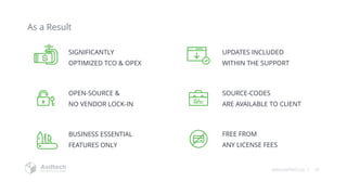 www.asdtech.co | 26
UPDATES INCLUDED
WITHIN THE SUPPORT
SIGNIFICANTLY
OPTIMIZED TCO & OPEX
OPEN-SOURCE &
NO VENDOR LOCK-IN
BUSINESS ESSENTIAL
FEATURES ONLY
FREE FROM
ANY LICENSE FEES
SOURCE-CODES
ARE AVAILABLE TO CLIENT
As a Result
 
