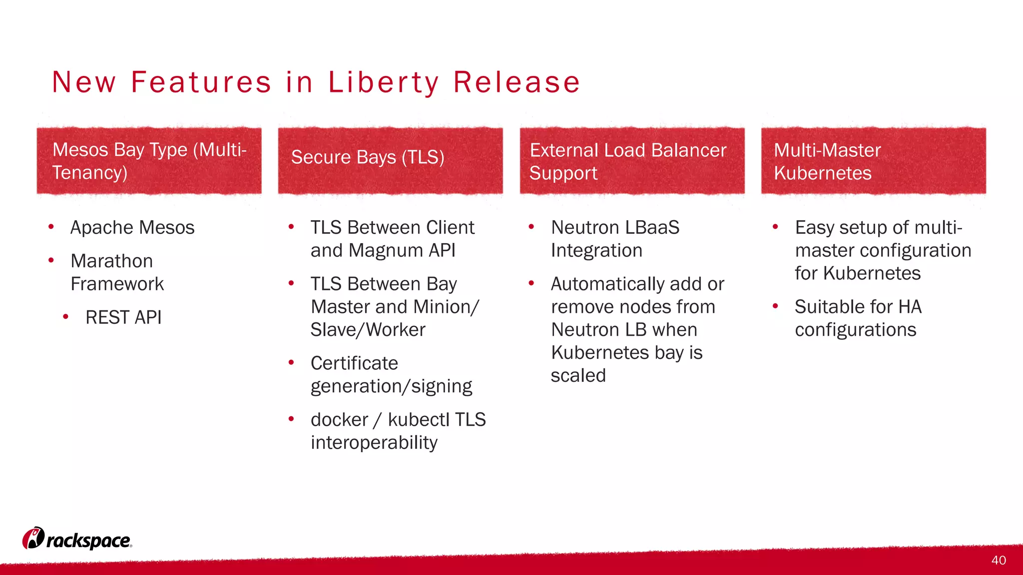 New Features in Liberty Release
• Apache Mesos
• Marathon
Framework
• REST API
Mesos Bay Type (Multi-
Tenancy)
• TLS Between Client
and Magnum API
• TLS Between Bay
Master and Minion/
Slave/Worker
• Certificate
generation/signing
• docker / kubectl TLS
interoperability
Secure Bays (TLS)
• Neutron LBaaS
Integration
• Automatically add or
remove nodes from
Neutron LB when
Kubernetes bay is
scaled
External Load Balancer
Support
• Easy setup of multi-
master configuration
for Kubernetes
• Suitable for HA
configurations
Multi-Master
Kubernetes
40
 