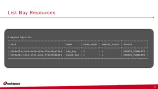 List Bay Resources
$ magnum bay-list
+--------------------------------------+-----------+------------+--------------+-----------------+
| uuid | name | node_count | master_count | status |
+--------------------------------------+-----------+------------+--------------+-----------------+
| fdc9e295-3c06-4a39-a26e-21bc32ae53e3 | k8s_bay | 2 | 1 | UPDATE_COMPLETE |
| 56f3a0b1-565d-4766-a3ca-978e6684b6f5 | swarm_bay | 1 | 1 | CREATE_COMPLETE |
+--------------------------------------+-----------+------------+--------------+-----------------+
31
 