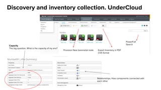 Discovery and inventory collection. UnderCloud
Export Inventory in PDF
CVS format
PowerFull
Search
Provision New baremetal node
Capacity
The big question, What is the capacity of my env?
Relationships, How components connected with
each other
 