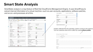 Smart State Analysis
SmartState analysis is a key feature of Red Hat CloudForms Management Engine. It uses SmartProxy to
extract internal information of a virtual machine—such as user accounts, applications, software patches,
and so on—and processes all of this.
Insights collected from the operating system running on the instance.
You can customize what info to collect by create analysis profiles
 