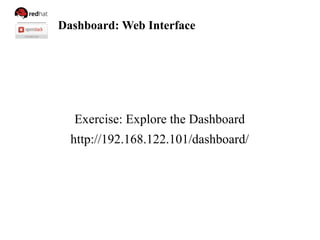 Dashboard: Web Interface
Exercise: Explore the Dashboard
http://192.168.122.101/dashboard/
 