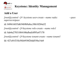 Keystone: Identity Management
Add a User
[root@control ~]# keystone user-create --name radez --pass
supersecretpass
id: 849616035d654b9b9a8cc38b10284a52
[root@control ~]# keystone role-create --name role1
id: 8ab4a27031084100afbafc0f95a47170
[root@control ~]# keystone tenant-create --name tenant1
Id: 427c01f33fcf4feb930f26dd550a14e0
 