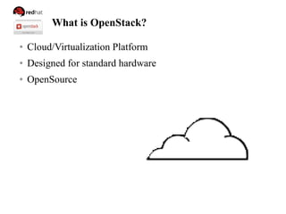 What is OpenStack?
● Cloud/Virtualization Platform
● Designed for standard hardware
● OpenSource
 