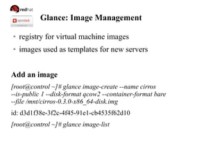 Glance: Image Management
● registry for virtual machine images
● images used as templates for new servers
Add an image
[root@control ~]# glance image-create --name cirros
--is-public 1 --disk-format qcow2 --container-format bare
--file /mnt/cirros-0.3.0-x86_64-disk.img
id: d3d1f38e-3f2c-4f45-91e1-cb4535f62d10
[root@control ~]# glance image-list
 
