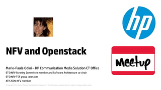 NFV and Openstack 
Marie-Paule Odini – HP Communication Media Solution CT Office 
ETSI NFV Steering Committee member and Software Architecture co-chair 
ETSI NFV TST group caretaker 
ATIS SDN-NFV member 
© Copyright 2012 Hewlett-Packard Development Company, L.P. The information contained herein is subject to change without notice. 
 