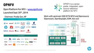 OPNFV 
Open Platform For NFV – www.opnfv.org 
Launched Sept 30th, 2014 
Work with upstream SDO (ETSI NFV) and Opensource 
(Openstack, OpenDaylight, KVM, Xen ect) 
Chairman: Prodip Sen, HP 
© Copyright 2012 Hewlett-Packard Development Company, L.P. The information contained herein is subject to 17 change without notice. 
 