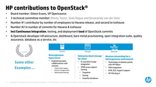HP contributions to OpenStack® 
• Board member: Eileen Evans, VP Opensource 
• 3 technical committee member: Monty Taylor, Sean Dague and Devananda van der Veen 
• Number #1 contributor by number of employees to Havana release, and second to Icehouse 
• Number #2 in number of commits for Havana & Icehouse 
• Incl Continuous integration, testing, and deployment lead of OpenStack commits 
• & Openstack developer infrastructure, dashboard, bare metal provisioning, open integration suite, quality 
assurance, database as a service, etc 
Some other 
Examples … 
© Copyright 2012 Hewlett-Packard Development Company, L.P. The information contained herein is subject to 22 change without notice. 
 