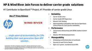 HP & Wind River Join Forces to deliver carrier grade solutions 
#1 Contributor to OpenStack™ Project, #1 Provider of carrier grade Linux 
• Reliability 
• Carrier-Grade Linux 
• Carrier Grade KVM Hypervisor 
• Advance Self-Healing 
• High Availability & Reliability Add-Ons for OpenStack 
Control Plane for 5x9’s Service Availability 
• Performance 
• Performance Networking with DPDK enabled vSwitch 
(OVS) 
• Advance NFV Workload placement 
• Manageability 
• Scheduling and Orchestration of workloads 
• Security to meet Carrier Needs 
• Open eco-system, standards based APIs 
Nov 3rd Press Release 
…… single point of accountability for CSPs 
building their next generation Open NFV 
solution. 
The OpenStack™ Word Mark and OpenStack Logo are either registered trademarks/service marks or 
trademarks/service marks of the OpenStack Foundation, in the United States and other countries and are 
used with the OpenStack Foundation's permission. We are not affiliated with, endorsed or sponsored by the 
OpenStack Foundation, or the OpenStack community 
© Copyright 2012 Hewlett-Packard Development Company, L.P. The information contained herein is subject to 23 change without notice. 
 