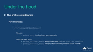 Under the hood
2. The archive middleware
API changes:
• /v1/{account}/{container}:
Request:
- policy_extra (boolean) as a query parameter
Response body (json):
- policy_retrieval_state (string): object state (sealed, unsealing, unsealed)
- policy_retrieval_delay (integer): object unsealing operation ETA in seconds
 