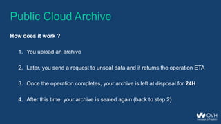 Public Cloud Archive
How does it work ?
1. You upload an archive
2. Later, you send a request to unseal data and it returns the operation ETA
3. Once the operation completes, your archive is left at disposal for 24H
4. After this time, your archive is sealed again (back to step 2)
 