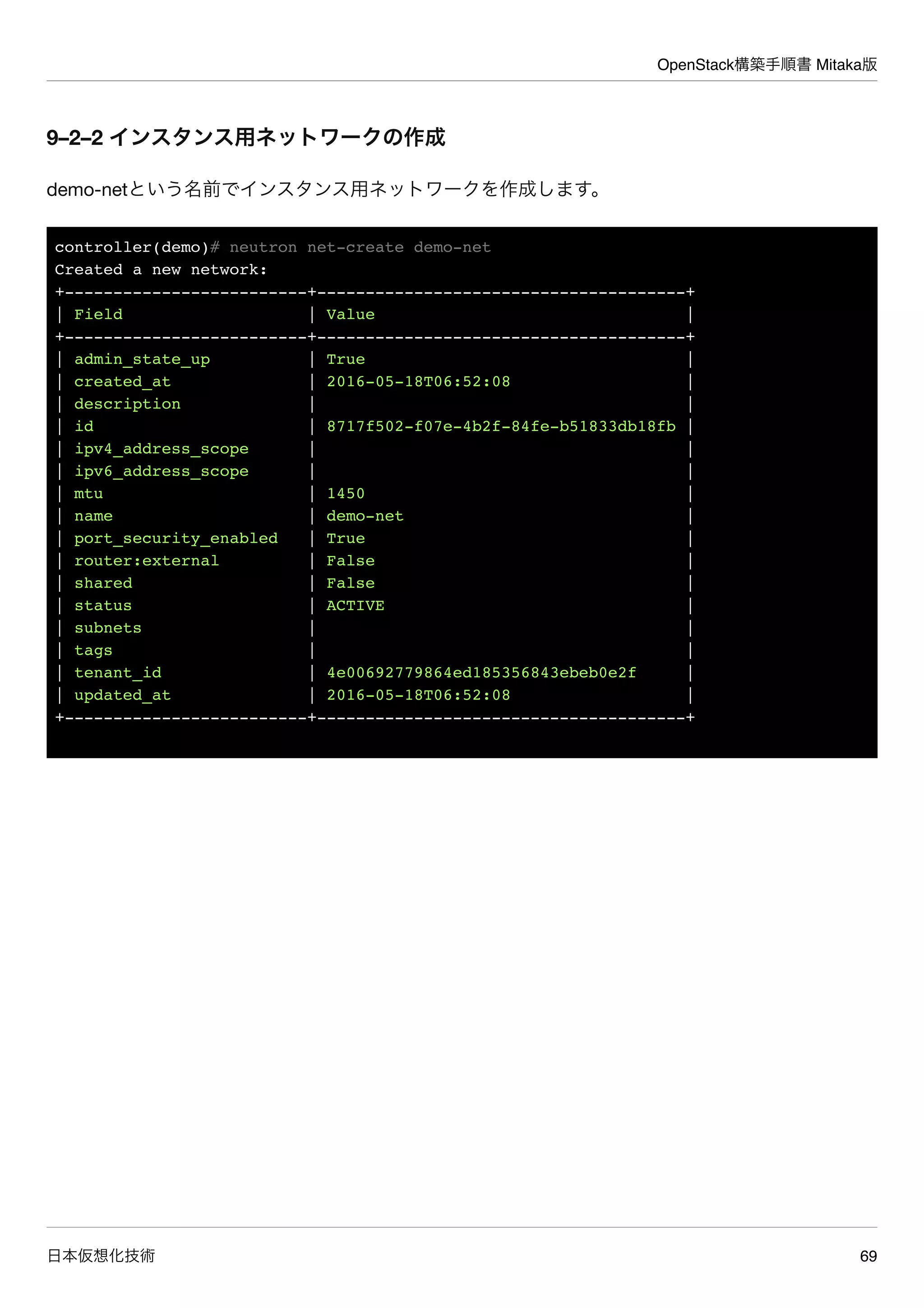 OpenStack構築手順書 Mitaka版
日本仮想化技術 69
9–2–2 インスタンス用ネットワークの作成
demo-netという名前でインスタンス用ネットワークを作成します。
controller(demo)# neutron net-create demo-net
Created a new network:
+-------------------------+--------------------------------------+
| Field | Value |
+-------------------------+--------------------------------------+
| admin_state_up | True |
| created_at | 2016-05-18T06:52:08 |
| description | |
| id | 8717f502-f07e-4b2f-84fe-b51833db18fb |
| ipv4_address_scope | |
| ipv6_address_scope | |
| mtu | 1450 |
| name | demo-net |
| port_security_enabled | True |
| router:external | False |
| shared | False |
| status | ACTIVE |
| subnets | |
| tags | |
| tenant_id | 4e00692779864ed185356843ebeb0e2f |
| updated_at | 2016-05-18T06:52:08 |
+-------------------------+--------------------------------------+
 