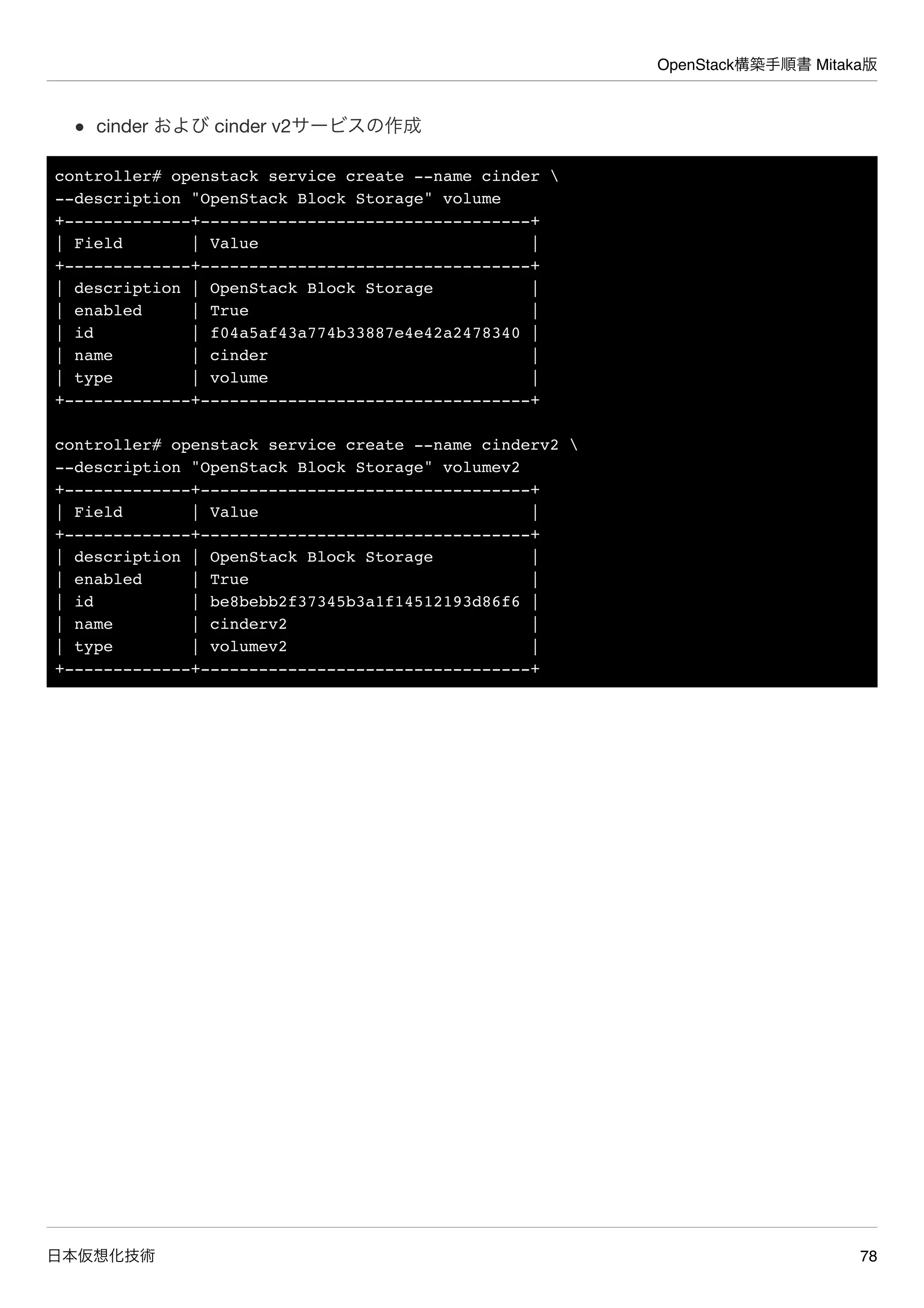 OpenStack構築手順書 Mitaka版
日本仮想化技術 78
cinder および cinder v2サービスの作成
controller# openstack service create --name cinder 
--description "OpenStack Block Storage" volume
+-------------+----------------------------------+
| Field | Value |
+-------------+----------------------------------+
| description | OpenStack Block Storage |
| enabled | True |
| id | f04a5af43a774b33887e4e42a2478340 |
| name | cinder |
| type | volume |
+-------------+----------------------------------+
controller# openstack service create --name cinderv2 
--description "OpenStack Block Storage" volumev2
+-------------+----------------------------------+
| Field | Value |
+-------------+----------------------------------+
| description | OpenStack Block Storage |
| enabled | True |
| id | be8bebb2f37345b3a1f14512193d86f6 |
| name | cinderv2 |
| type | volumev2 |
+-------------+----------------------------------+
 