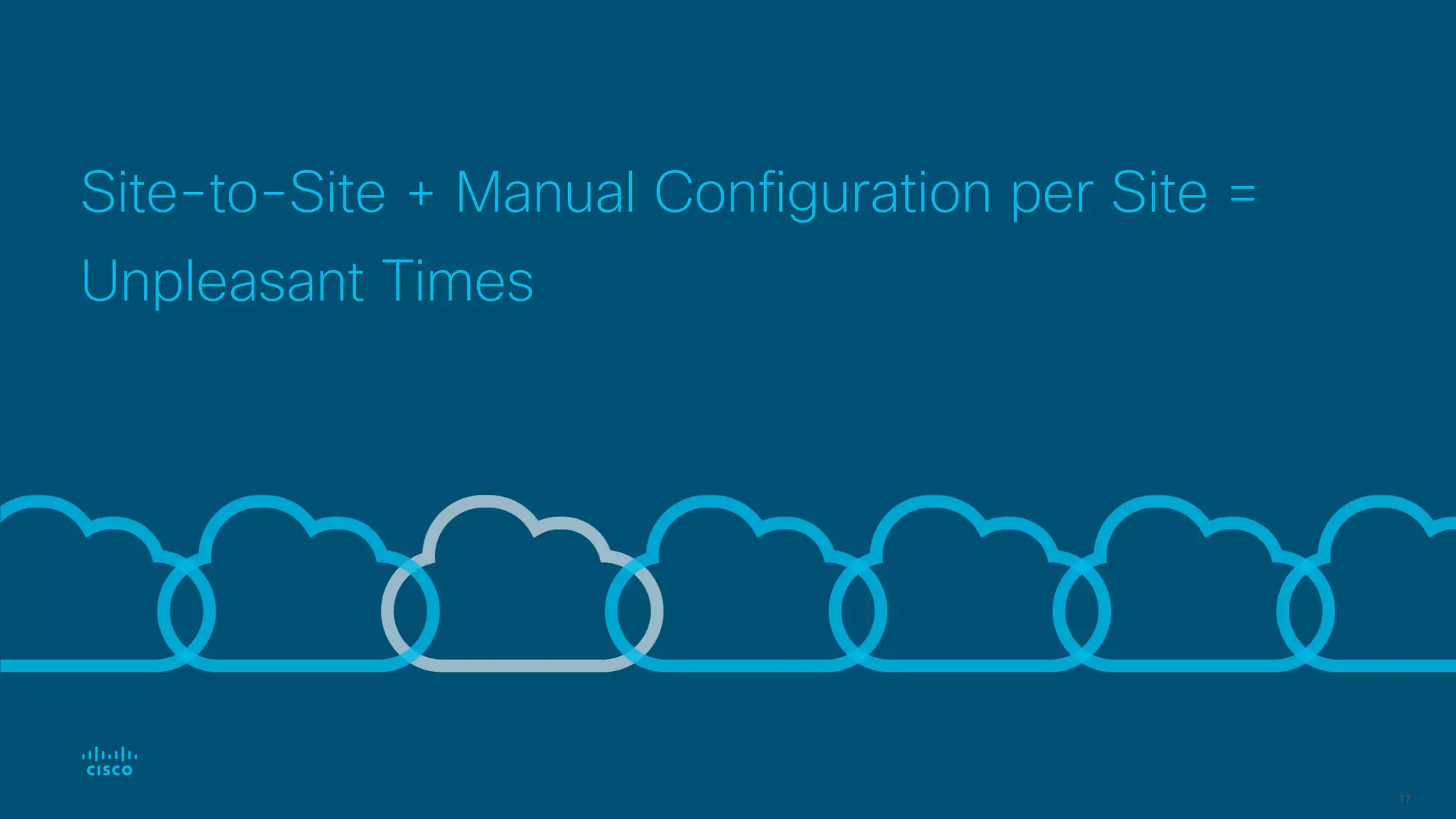 Site-to-Site + Manual Configuration per Site =
Unpleasant Times
17
 