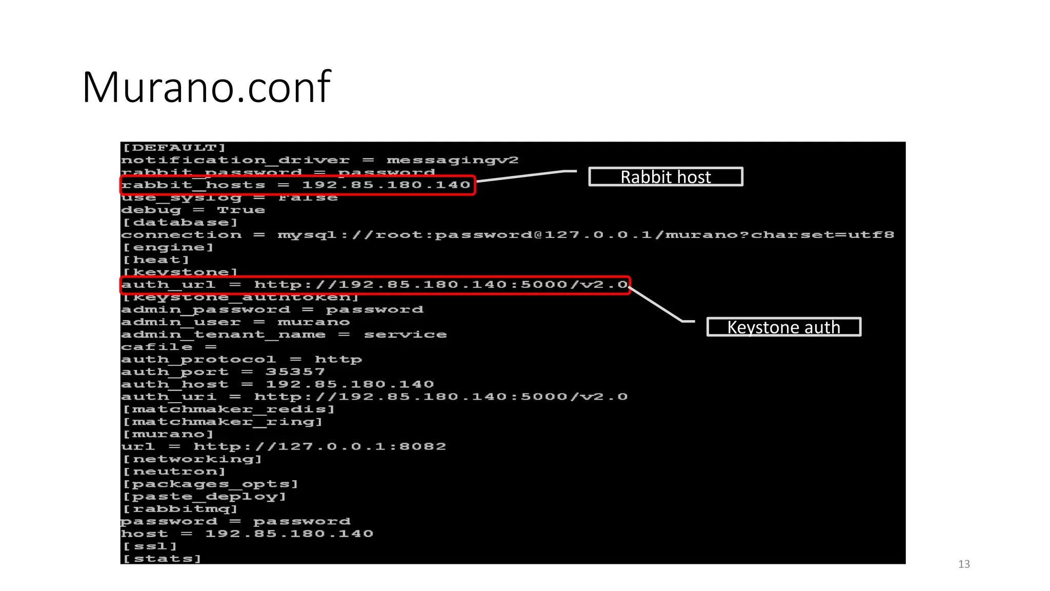 Murano.conf
13
Rabbit host
Keystone auth
 