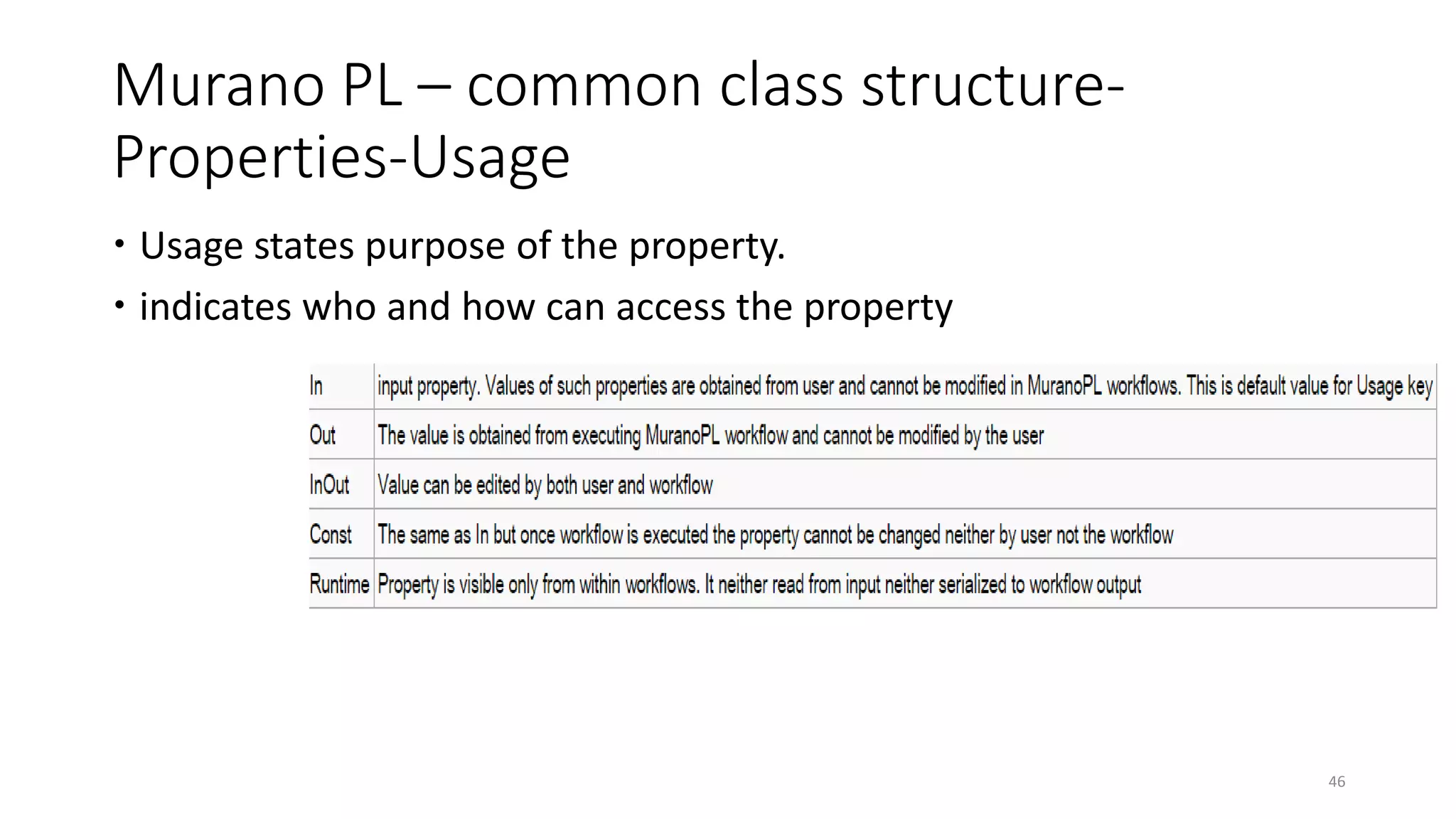 Murano PL – common class structure-
Properties-Usage
 Usage states purpose of the property.
 indicates who and how can access the property
46
 