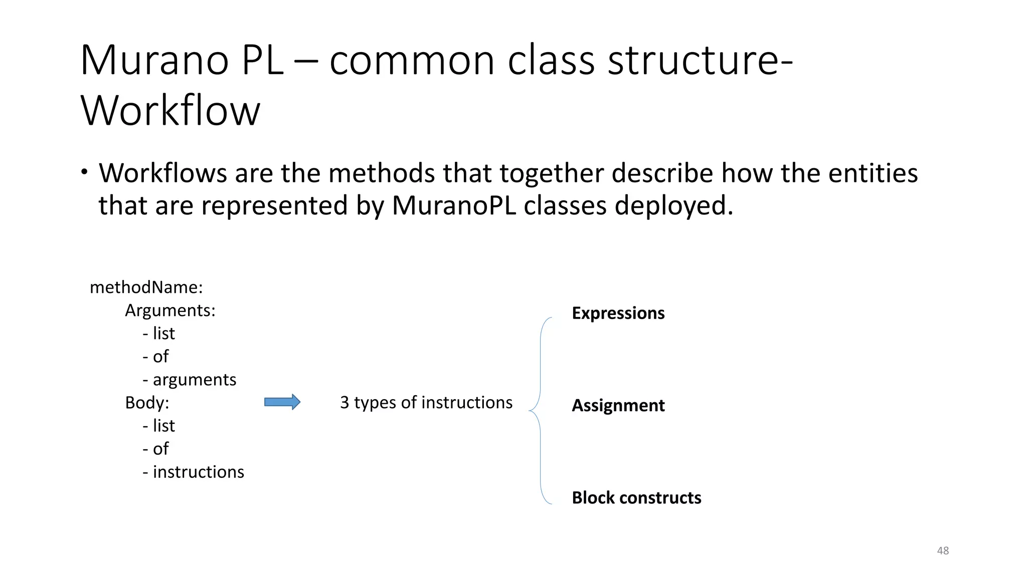 Murano PL – common class structure-
Workflow
 Workflows are the methods that together describe how the entities
that are represented by MuranoPL classes deployed.
48
methodName:
Arguments:
- list
- of
- arguments
Body:
- list
- of
- instructions
3 types of instructions
Expressions
Assignment
Block constructs
 