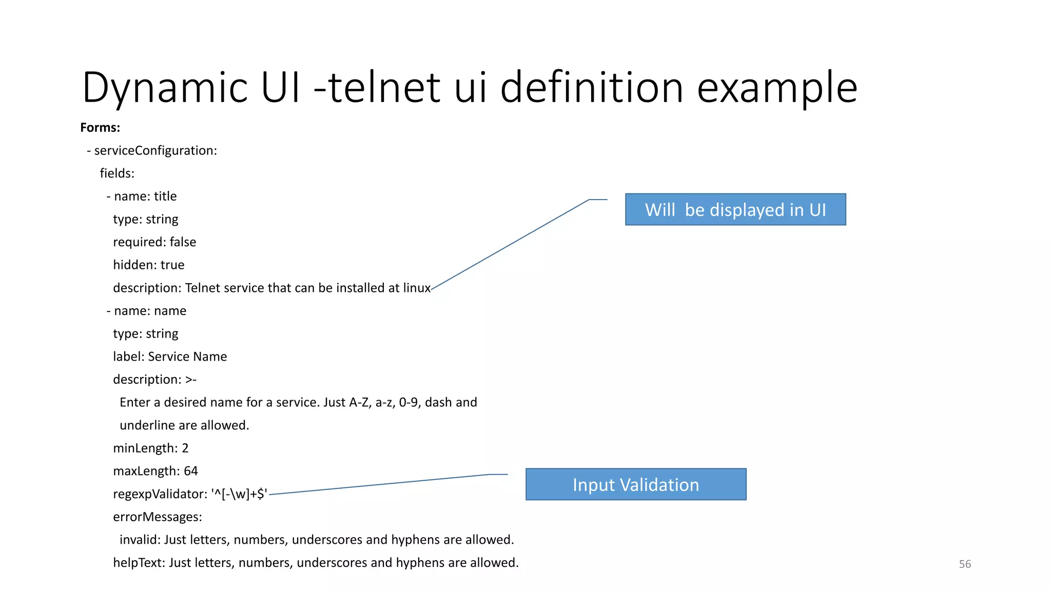 Dynamic UI -telnet ui definition example
Forms:
- serviceConfiguration:
fields:
- name: title
type: string
required: false
hidden: true
description: Telnet service that can be installed at linux
- name: name
type: string
label: Service Name
description: >-
Enter a desired name for a service. Just A-Z, a-z, 0-9, dash and
underline are allowed.
minLength: 2
maxLength: 64
regexpValidator: '^[-w]+$'
errorMessages:
invalid: Just letters, numbers, underscores and hyphens are allowed.
helpText: Just letters, numbers, underscores and hyphens are allowed. 56
Will be displayed in UI
Input Validation
 