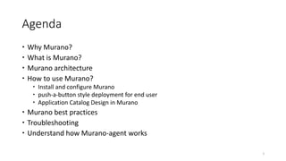 Agenda
 Why Murano?
 What is Murano?
 Murano architecture
 How to use Murano?
 Install and configure Murano
 push-a-button style deployment for end user
 Application Catalog Design in Murano
 Murano best practices
 Troubleshooting
 Understand how Murano-agent works
2
 