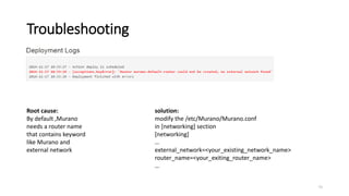 Troubleshooting
71
Root cause:
By default ,Murano
needs a router name
that contains keyword
like Murano and
external network
solution:
modify the /etc/Murano/Murano.conf
in [networking] section
[networking]
…
external_network=<your_existing_network_name>
router_name=<your_exiting_router_name>
…
 