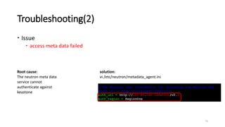 Troubleshooting(2)
 Issue
 access meta data failed
73
Root cause:
The neutron meta data
service cannot
authenticate against
keystone
solution:
vi /etc/neutron/metadata_agent.ini
 