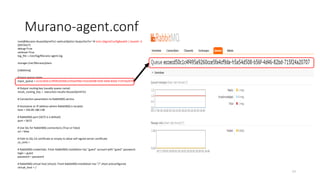 Murano-agent.conf
77
root@Murano-tkuoai2lpm47x1-nwhcoi2lplzls1-bsojzo5io7vr:~# echo $AgentConfigBase64 | base64 -d
[DEFAULT]
debug=True
verbose=True
log_file = /var/log/Murano-agent.log
storage=/var/Murano/plans
[rabbitmq]
# Input queue name
input_queue = eccecd50c1c4f495a9260cce5fa4cf9da-h5a54d508-b56f-4d46-82bd-715f24a20707
# Output routing key (usually queue name)
result_routing_key = -execution-results-tkuoai2lpm47x1
# Connection parameters to RabbitMQ service
# Hostname or IP address where RabbitMQ is located.
host = 192.85.180.138
# RabbitMQ port (5672 is a default)
port = 5672
# Use SSL for RabbitMQ connections (True or False)
ssl = false
# Path to SSL CA certificate or empty to allow self signed server certificate
ca_certs =
# RabbitMQ credentials. Fresh RabbitMQ installation has "guest" account with "guest" password.
login = guest
password = password
# RabbitMQ virtual host (vhost). Fresh RabbitMQ installation has "/" vhost preconfigured.
virtual_host = /
 