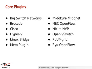 ● Big Switch Networks
● Brocade
● Cisco
● Hyper-V
● Linux Bridge
● Meta Plugin
Core Plugins
● Midokura Midonet
● NEC OpenFlow
● Nicira NVP
● Open vSwitch
● PLUMgrid
● Ryu OpenFlow
 