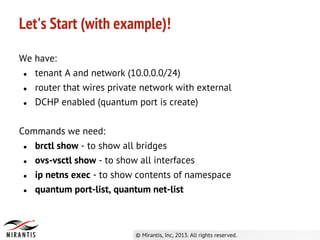 Let's Start (with example)!
We have:
● tenant A and network (10.0.0.0/24)
● router that wires private network with external
● DCHP enabled (quantum port is create)
Commands we need:
● brctl show - to show all bridges
● ovs-vsctl show - to show all interfaces
● ip netns exec - to show contents of namespace
● quantum port-list, quantum net-list
 