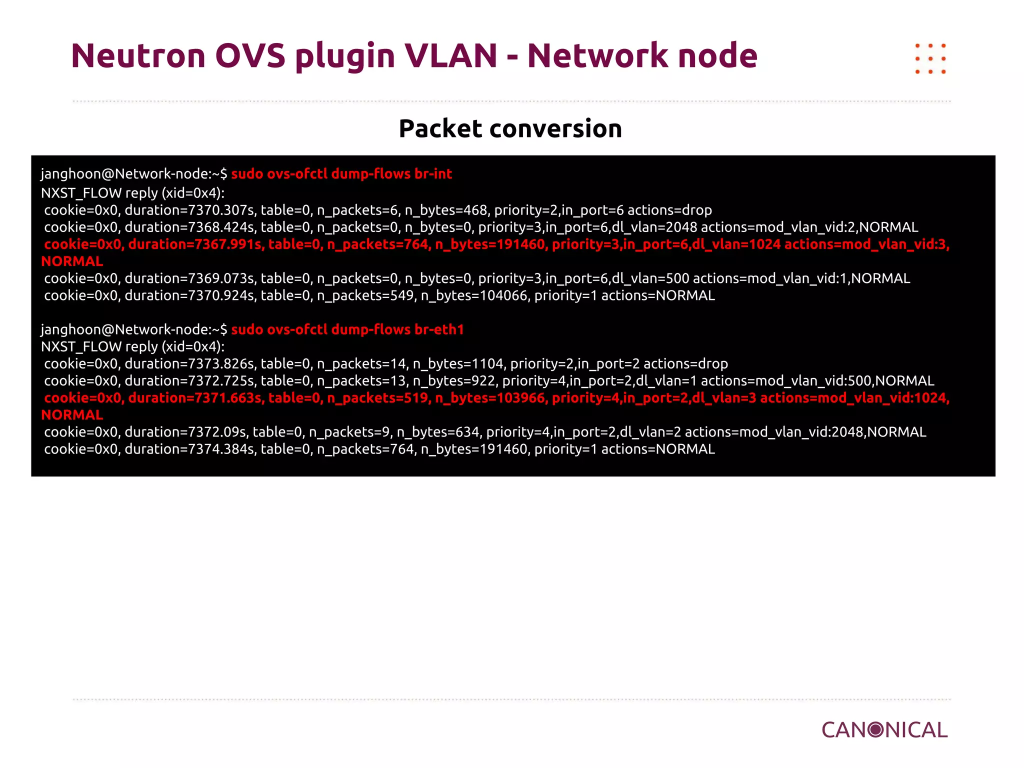 Neutron OVS plugin VLAN - Network node
Packet conversion
janghoon@Network-node:~$ sudo ovs-ofctl dump-flows br-int
NXST_FLOW reply (xid=0x4):
cookie=0x0, duration=7370.307s, table=0, n_packets=6, n_bytes=468, priority=2,in_port=6 actions=drop
cookie=0x0, duration=7368.424s, table=0, n_packets=0, n_bytes=0, priority=3,in_port=6,dl_vlan=2048 actions=mod_vlan_vid:2,NORMAL
cookie=0x0, duration=7367.991s, table=0, n_packets=764, n_bytes=191460, priority=3,in_port=6,dl_vlan=1024 actions=mod_vlan_vid:3,
NORMAL
cookie=0x0, duration=7369.073s, table=0, n_packets=0, n_bytes=0, priority=3,in_port=6,dl_vlan=500 actions=mod_vlan_vid:1,NORMAL
cookie=0x0, duration=7370.924s, table=0, n_packets=549, n_bytes=104066, priority=1 actions=NORMAL
janghoon@Network-node:~$ sudo ovs-ofctl dump-flows br-eth1
NXST_FLOW reply (xid=0x4):
cookie=0x0, duration=7373.826s, table=0, n_packets=14, n_bytes=1104, priority=2,in_port=2 actions=drop
cookie=0x0, duration=7372.725s, table=0, n_packets=13, n_bytes=922, priority=4,in_port=2,dl_vlan=1 actions=mod_vlan_vid:500,NORMAL
cookie=0x0, duration=7371.663s, table=0, n_packets=519, n_bytes=103966, priority=4,in_port=2,dl_vlan=3 actions=mod_vlan_vid:1024,
NORMAL
cookie=0x0, duration=7372.09s, table=0, n_packets=9, n_bytes=634, priority=4,in_port=2,dl_vlan=2 actions=mod_vlan_vid:2048,NORMAL
cookie=0x0, duration=7374.384s, table=0, n_packets=764, n_bytes=191460, priority=1 actions=NORMAL

 