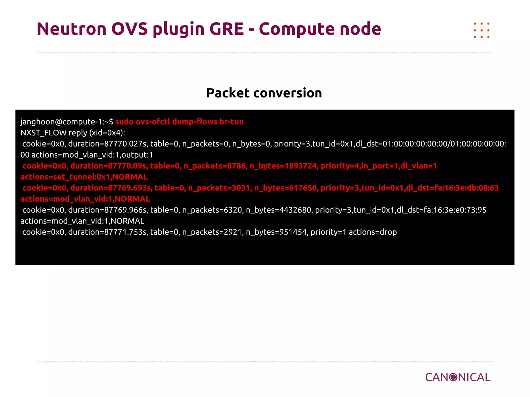 Neutron OVS plugin GRE - Compute node

Packet conversion
janghoon@compute-1:~$ sudo ovs-ofctl dump-flows br-tun
NXST_FLOW reply (xid=0x4):
cookie=0x0, duration=87770.027s, table=0, n_packets=0, n_bytes=0, priority=3,tun_id=0x1,dl_dst=01:00:00:00:00:00/01:00:00:00:00:
00 actions=mod_vlan_vid:1,output:1
cookie=0x0, duration=87770.09s, table=0, n_packets=8786, n_bytes=1893724, priority=4,in_port=1,dl_vlan=1
actions=set_tunnel:0x1,NORMAL
cookie=0x0, duration=87769.693s, table=0, n_packets=3031, n_bytes=617650, priority=3,tun_id=0x1,dl_dst=fa:16:3e:db:08:63
actions=mod_vlan_vid:1,NORMAL
cookie=0x0, duration=87769.966s, table=0, n_packets=6320, n_bytes=4432680, priority=3,tun_id=0x1,dl_dst=fa:16:3e:e0:73:95
actions=mod_vlan_vid:1,NORMAL
cookie=0x0, duration=87771.753s, table=0, n_packets=2921, n_bytes=951454, priority=1 actions=drop

 