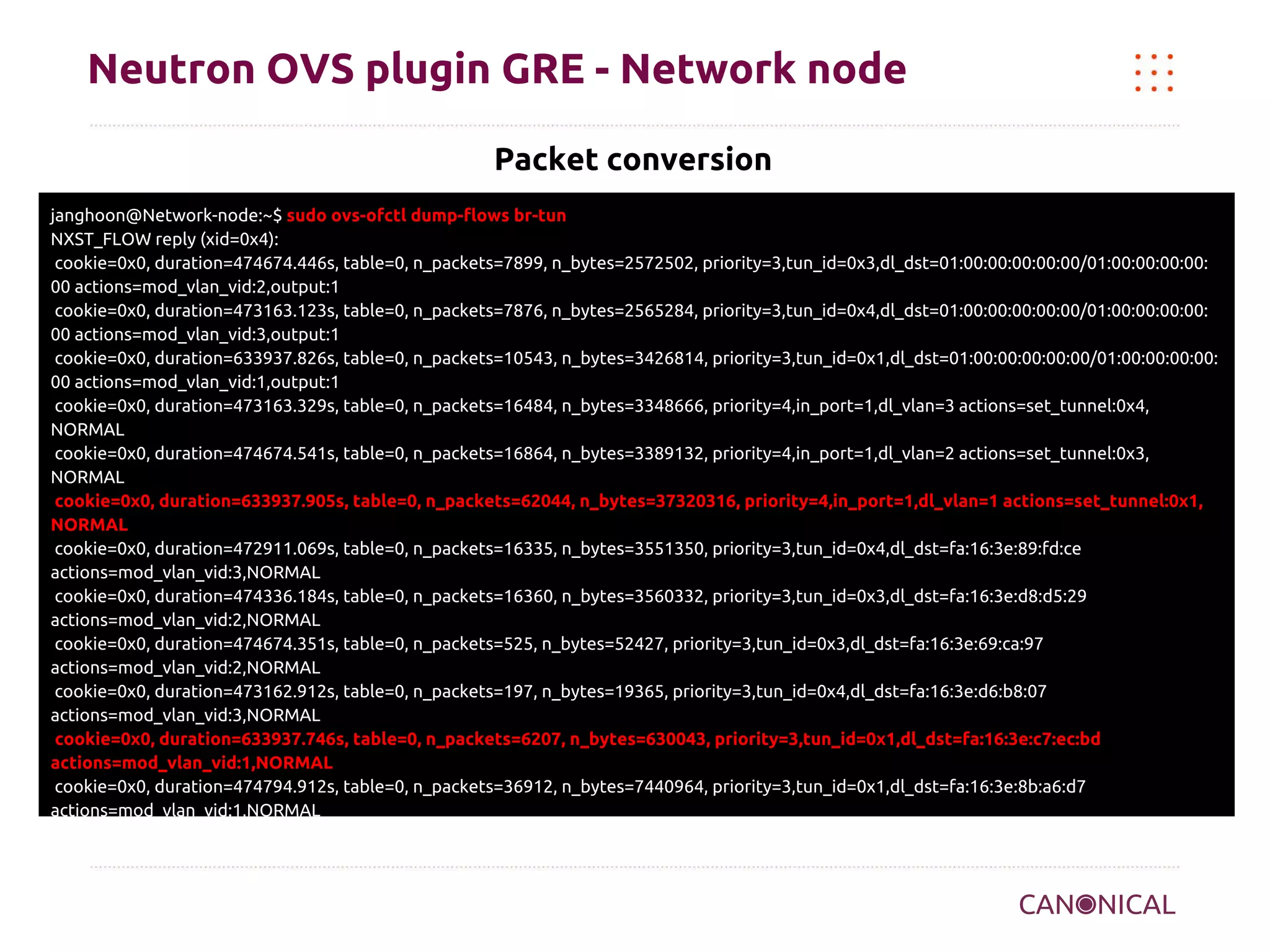 Neutron OVS plugin GRE - Network node
Packet conversion
janghoon@Network-node:~$ sudo ovs-ofctl dump-flows br-tun
NXST_FLOW reply (xid=0x4):
cookie=0x0, duration=474674.446s, table=0, n_packets=7899, n_bytes=2572502, priority=3,tun_id=0x3,dl_dst=01:00:00:00:00:00/01:00:00:00:00:
00 actions=mod_vlan_vid:2,output:1
cookie=0x0, duration=473163.123s, table=0, n_packets=7876, n_bytes=2565284, priority=3,tun_id=0x4,dl_dst=01:00:00:00:00:00/01:00:00:00:00:
00 actions=mod_vlan_vid:3,output:1
cookie=0x0, duration=633937.826s, table=0, n_packets=10543, n_bytes=3426814, priority=3,tun_id=0x1,dl_dst=01:00:00:00:00:00/01:00:00:00:00:
00 actions=mod_vlan_vid:1,output:1
cookie=0x0, duration=473163.329s, table=0, n_packets=16484, n_bytes=3348666, priority=4,in_port=1,dl_vlan=3 actions=set_tunnel:0x4,
NORMAL
cookie=0x0, duration=474674.541s, table=0, n_packets=16864, n_bytes=3389132, priority=4,in_port=1,dl_vlan=2 actions=set_tunnel:0x3,
NORMAL
cookie=0x0, duration=633937.905s, table=0, n_packets=62044, n_bytes=37320316, priority=4,in_port=1,dl_vlan=1 actions=set_tunnel:0x1,
NORMAL
cookie=0x0, duration=472911.069s, table=0, n_packets=16335, n_bytes=3551350, priority=3,tun_id=0x4,dl_dst=fa:16:3e:89:fd:ce
actions=mod_vlan_vid:3,NORMAL
cookie=0x0, duration=474336.184s, table=0, n_packets=16360, n_bytes=3560332, priority=3,tun_id=0x3,dl_dst=fa:16:3e:d8:d5:29
actions=mod_vlan_vid:2,NORMAL
cookie=0x0, duration=474674.351s, table=0, n_packets=525, n_bytes=52427, priority=3,tun_id=0x3,dl_dst=fa:16:3e:69:ca:97
actions=mod_vlan_vid:2,NORMAL
cookie=0x0, duration=473162.912s, table=0, n_packets=197, n_bytes=19365, priority=3,tun_id=0x4,dl_dst=fa:16:3e:d6:b8:07
actions=mod_vlan_vid:3,NORMAL
cookie=0x0, duration=633937.746s, table=0, n_packets=6207, n_bytes=630043, priority=3,tun_id=0x1,dl_dst=fa:16:3e:c7:ec:bd
actions=mod_vlan_vid:1,NORMAL
cookie=0x0, duration=474794.912s, table=0, n_packets=36912, n_bytes=7440964, priority=3,tun_id=0x1,dl_dst=fa:16:3e:8b:a6:d7
actions=mod_vlan_vid:1,NORMAL
cookie=0x0, duration=636252.069s, table=0, n_packets=163, n_bytes=36046, priority=1 actions=drop

 