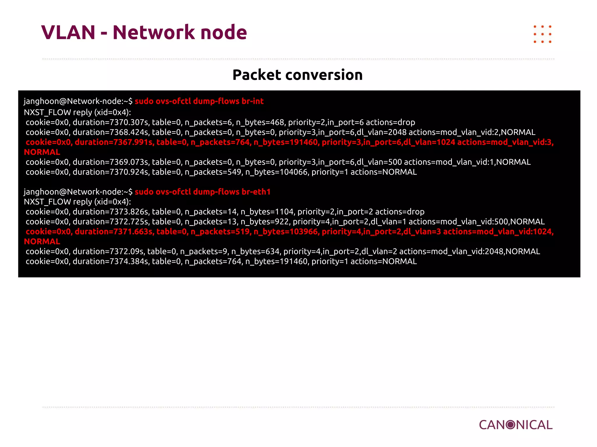 VLAN - Network node
Packet conversion
janghoon@Network-node:~$ sudo ovs-ofctl dump-flows br-int
NXST_FLOW reply (xid=0x4):
cookie=0x0, duration=7370.307s, table=0, n_packets=6, n_bytes=468, priority=2,in_port=6 actions=drop
cookie=0x0, duration=7368.424s, table=0, n_packets=0, n_bytes=0, priority=3,in_port=6,dl_vlan=2048 actions=mod_vlan_vid:2,NORMAL
cookie=0x0, duration=7367.991s, table=0, n_packets=764, n_bytes=191460, priority=3,in_port=6,dl_vlan=1024 actions=mod_vlan_vid:3,
NORMAL
cookie=0x0, duration=7369.073s, table=0, n_packets=0, n_bytes=0, priority=3,in_port=6,dl_vlan=500 actions=mod_vlan_vid:1,NORMAL
cookie=0x0, duration=7370.924s, table=0, n_packets=549, n_bytes=104066, priority=1 actions=NORMAL
janghoon@Network-node:~$ sudo ovs-ofctl dump-flows br-eth1
NXST_FLOW reply (xid=0x4):
cookie=0x0, duration=7373.826s, table=0, n_packets=14, n_bytes=1104, priority=2,in_port=2 actions=drop
cookie=0x0, duration=7372.725s, table=0, n_packets=13, n_bytes=922, priority=4,in_port=2,dl_vlan=1 actions=mod_vlan_vid:500,NORMAL
cookie=0x0, duration=7371.663s, table=0, n_packets=519, n_bytes=103966, priority=4,in_port=2,dl_vlan=3 actions=mod_vlan_vid:1024,
NORMAL
cookie=0x0, duration=7372.09s, table=0, n_packets=9, n_bytes=634, priority=4,in_port=2,dl_vlan=2 actions=mod_vlan_vid:2048,NORMAL
cookie=0x0, duration=7374.384s, table=0, n_packets=764, n_bytes=191460, priority=1 actions=NORMAL

 
