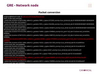 GRE - Network node
Packet conversion
janghoon@Network-node:~$ sudo ovs-ofctl dump-flows br-tun
NXST_FLOW reply (xid=0x4):
cookie=0x0, duration=474674.446s, table=0, n_packets=7899, n_bytes=2572502, priority=3,tun_id=0x3,dl_dst=01:00:00:00:00:00/01:00:00:00:00:
00 actions=mod_vlan_vid:2,output:1
cookie=0x0, duration=473163.123s, table=0, n_packets=7876, n_bytes=2565284, priority=3,tun_id=0x4,dl_dst=01:00:00:00:00:00/01:00:00:00:00:
00 actions=mod_vlan_vid:3,output:1
cookie=0x0, duration=633937.826s, table=0, n_packets=10543, n_bytes=3426814, priority=3,tun_id=0x1,dl_dst=01:00:00:00:00:00/01:00:00:00:00:
00 actions=mod_vlan_vid:1,output:1
cookie=0x0, duration=473163.329s, table=0, n_packets=16484, n_bytes=3348666, priority=4,in_port=1,dl_vlan=3 actions=set_tunnel:0x4,
NORMAL
cookie=0x0, duration=474674.541s, table=0, n_packets=16864, n_bytes=3389132, priority=4,in_port=1,dl_vlan=2 actions=set_tunnel:0x3,
NORMAL
cookie=0x0, duration=633937.905s, table=0, n_packets=62044, n_bytes=37320316, priority=4,in_port=1,dl_vlan=1 actions=set_tunnel:0x1,
NORMAL
cookie=0x0, duration=472911.069s, table=0, n_packets=16335, n_bytes=3551350, priority=3,tun_id=0x4,dl_dst=fa:16:3e:89:fd:ce
actions=mod_vlan_vid:3,NORMAL
cookie=0x0, duration=474336.184s, table=0, n_packets=16360, n_bytes=3560332, priority=3,tun_id=0x3,dl_dst=fa:16:3e:d8:d5:29
actions=mod_vlan_vid:2,NORMAL
cookie=0x0, duration=474674.351s, table=0, n_packets=525, n_bytes=52427, priority=3,tun_id=0x3,dl_dst=fa:16:3e:69:ca:97
actions=mod_vlan_vid:2,NORMAL
cookie=0x0, duration=473162.912s, table=0, n_packets=197, n_bytes=19365, priority=3,tun_id=0x4,dl_dst=fa:16:3e:d6:b8:07
actions=mod_vlan_vid:3,NORMAL
cookie=0x0, duration=633937.746s, table=0, n_packets=6207, n_bytes=630043, priority=3,tun_id=0x1,dl_dst=fa:16:3e:c7:ec:bd
actions=mod_vlan_vid:1,NORMAL
cookie=0x0, duration=474794.912s, table=0, n_packets=36912, n_bytes=7440964, priority=3,tun_id=0x1,dl_dst=fa:16:3e:8b:a6:d7
actions=mod_vlan_vid:1,NORMAL
cookie=0x0, duration=636252.069s, table=0, n_packets=163, n_bytes=36046, priority=1 actions=drop

 