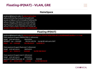 Floating-IP(NAT) - VLAN, GRE
NameSpace
janghoon@Network-node:~$ sudo ip netns show
qdhcp-4c2f2346-ffaa-41a0-ab76-34cadf0163f5
qrouter-e1b88ce4-51e9-4744-be80-d70d04c6a59b
qdhcp-c19e22a0-1700-4b3b-91e5-2c961ef0a353
qrouter-244fff3f-f935-4bdd-949d-739f1ce81dd0
qdhcp-f37b681a-4be8-47b8-8063-3d17d24ee1ae
qrouter-cf5fe7b7-8fab-45de-ab1c-c0cd404ebed0

Floating-IP(NAT)
janghoon@Network-node:~$ sudo ip netns exec qrouter-cf5fe7b7-8fab-45de-ab1c-c0cd404ebed0 iptables -L -n -t nat
Chain quantum-l3-agent-PREROUTING (1 references)
target prot opt source
destination
REDIRECT tcp -- 0.0.0.0/0
169.254.169.254 tcp dpt:80 redir ports 9697
DNAT
all -- 0.0.0.0/0
192.168.122.51
to:50.50.1.2
Chain quantum-l3-agent-float-snat (1 references)
target prot opt source
destination
SNAT
all -- 50.50.1.2
0.0.0.0/0
to:192.168.122.51
Chain quantum-l3-agent-snat (1 references)
target prot opt source
destination
quantum-l3-agent-float-snat all -- 0.0.0.0/0
SNAT
all -- 50.50.1.0/24
0.0.0.0/0

0.0.0.0/0
to:192.168.122.50

 
