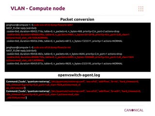 VLAN - Compute node
Packet conversion
janghoon@compute-1:~$ sudo ovs-ofctl dump-flows br-eth1
NXST_FLOW reply (xid=0x4):
cookie=0x0, duration=90455.716s, table=0, n_packets=6, n_bytes=468, priority=2,in_port=2 actions=drop
cookie=0x0, duration=89606.096s, table=0, n_packets=9484, n_bytes=2312018, priority=4,in_port=2,dl_vlan=1
actions=mod_vlan_vid:1024,NORMAL
cookie=0x0, duration=90456.248s, table=0, n_packets=6813, n_bytes=1325511, priority=1 actions=NORMAL
janghoon@compute-1:~$ sudo ovs-ofctl dump-flows br-int
NXST_FLOW reply (xid=0x4):
cookie=0x0, duration=90458.482s, table=0, n_packets=64, n_bytes=4644, priority=2,in_port=1 actions=drop
cookie=0x0, duration=89608.755s, table=0, n_packets=6499, n_bytes=1283680, priority=3,in_port=1,dl_vlan=1024
actions=mod_vlan_vid:1,NORMAL
cookie=0x0, duration=90459.075s, table=0, n_packets=9820, n_bytes=2323195, priority=1 actions=NORMAL

openvswitch-agent.log
Command: ['sudo', 'quantum-rootwrap', '/etc/quantum/rootwrap.conf', 'ovs-ofctl', 'add-flow', 'br-int', 'hard_timeout=0,
idle_timeout=0,priority=3,in_port=1,dl_vlan=1024,actions=mod_vl
an_vid:1,normal']
Command: ['sudo', 'quantum-rootwrap', '/etc/quantum/rootwrap.conf', 'ovs-ofctl', 'add-flow', 'br-eth1', 'hard_timeout=0,
idle_timeout=0,priority=4,in_port=2,dl_vlan=1,actions=mod_vlan
_vid:1024,normal']

 