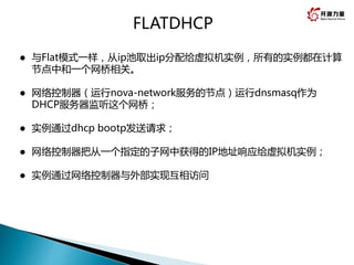  与Flat模式一样，从ip池取出ip分配给虚拟机实例，所有的实例都在计算
节点中和一个网桥相关。
 网络控制器（运行nova-network服务的节点）运行dnsmasq作为
DHCP服务器监听这个网桥；
 实例通过dhcp bootp...