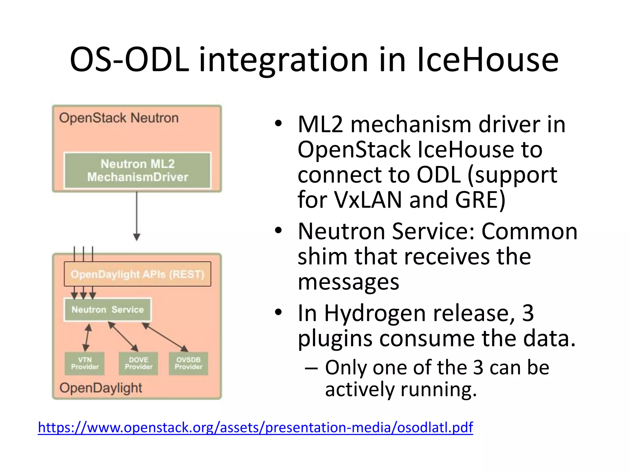 OS-ODL integration in IceHouse
• ML2 mechanism driver in
OpenStack IceHouse to
connect to ODL (support
for VxLAN and GRE)
• Neutron Service: Common
shim that receives the
messages
• In Hydrogen release, 3
plugins consume the data.
– Only one of the 3 can be
actively running.
https://www.openstack.org/assets/presentation-media/osodlatl.pdf
 
