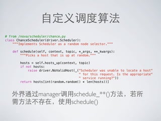 自定义调度算法
# from /nova/scheduler/chance.py
class ChanceScheduler(driver.Scheduler):
    """Implements Scheduler as a random node selector."""

   def schedule(self, context, topic, *_args, **_kwargs):
       """Picks a host that is up at random."""

       hosts = self.hosts_up(context, topic)
       if not hosts:
           raise driver.NoValidHost(_("Scheduler was unable to locate a host"
                                      " for this request. Is the appropriate"
                                      " service running?"))
       return hosts[int(random.random() * len(hosts))]



   外界通过manager调用schedule_**()方法，若所
   需方法不存在，使用schedule()
 