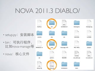 NOVA 2011.3 DIABLO/


• setup.py：安装脚本

• bin：可执行程序，
 比如nova-manage等

• nova：核心文件
 