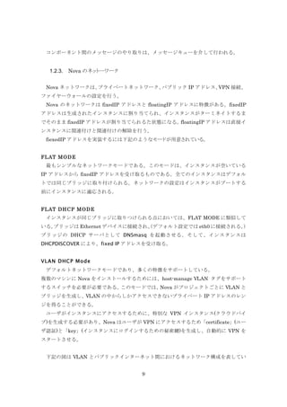 コンポーネント間のメッセージのやり取りは、メッセージキューを介して行われる。

1.2.3.

Nova のネット―ワーク

Nova ネットワークは、
プライベートネットワーク、
パブリック IP アドレス、
VPN 接続、
ファイヤーウォールの設定を行う。
Nova のネットワークは fixedIP アドレスと floatingIP アドレスに特徴がある。fixedIP
アドレスは生成されたインスタンスに割り当てられ、インスタンスがターミネイトするま
でそのまま fixedIP アドレスが割り当てられるた状態になる。
floatingIP アドレスは直接イ
ンスタンスに関連付けと関連付けの解除を行う。
fiexedIP アドレスを実装するには下記のようなモードが用意されている。
FLAT M ODE
最もシンプルなネットワークモードである。このモードは、インスタンスが空いている
IP アドレスから fixedIP アドレスを受け取るものである。全てのインスタンスはデフォル
トでは同じブリッジに取り付けられる。ネットワークの設定はインスタンスがブートする
前にインスタンスに適応される。
FLAT DHCP M ODE
インスタンスが同じブリッジに取りつけられる点においては、FLAT MODE に類似して
いる。
ブリッジは Ethernet デバイスに接続され、デフォルト設定では eth0 に接続される。
（
）
ブリッジの DHCP サーバとして DNSmasq を起動させる。そして、インスタンスは
DHCPDISCOVER により、fixed IP アドレスを受け取る。
VLAN DHCP M ode
デフォルトネットワークモードであり、多くの特徴をサポートしている。
複数のマシンに Nova をインストールするためには、host-manage VLAN タグをサポート
するスイッチを必要が必要である。
このモードでは、
Nova がプロジェクトごとに VLAN と
ブリッジを生成し、VLAN の中からしかアクセスできないプライベート IP アドレスのレン
ジを得ることができる。
ユーザがインスタンスにアクセスするために、特別な VPN インスタンス(クラウドパイ
プ)を生成する必要があり、Nova はユーザが VPN にアクセスするため「certificate」(ユー
ザ認証)と「key」(インスタンスにログインするための秘密鍵)を生成し、自動的に VPN を
スタートさせる。
下記の図は VLAN とパブリックインターネット間におけるネットワーク構成を表してい
9

 