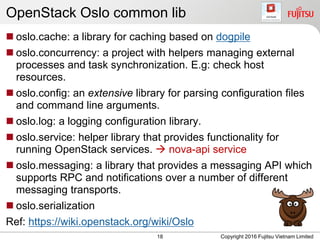 OpenStack Oslo common lib
 oslo.cache: a library for caching based on dogpile
 oslo.concurrency: a project with helpers managing external
processes and task synchronization. E.g: check host
resources.
 oslo.config: an extensive library for parsing configuration files
and command line arguments.
 oslo.log: a logging configuration library.
 oslo.service: helper library that provides functionality for
running OpenStack services.  nova-api service
 oslo.messaging: a library that provides a messaging API which
supports RPC and notifications over a number of different
messaging transports.
 oslo.serialization
Ref: https://wiki.openstack.org/wiki/Oslo
18 Copyright 2016 Fujitsu Vietnam Limited
 