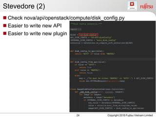 Stevedore (2)
 Check nova/api/openstack/compute/disk_config.py
 Easier to write new API
 Easier to write new plugin
24 Copyright 2016 Fujitsu Vietnam Limited
 
