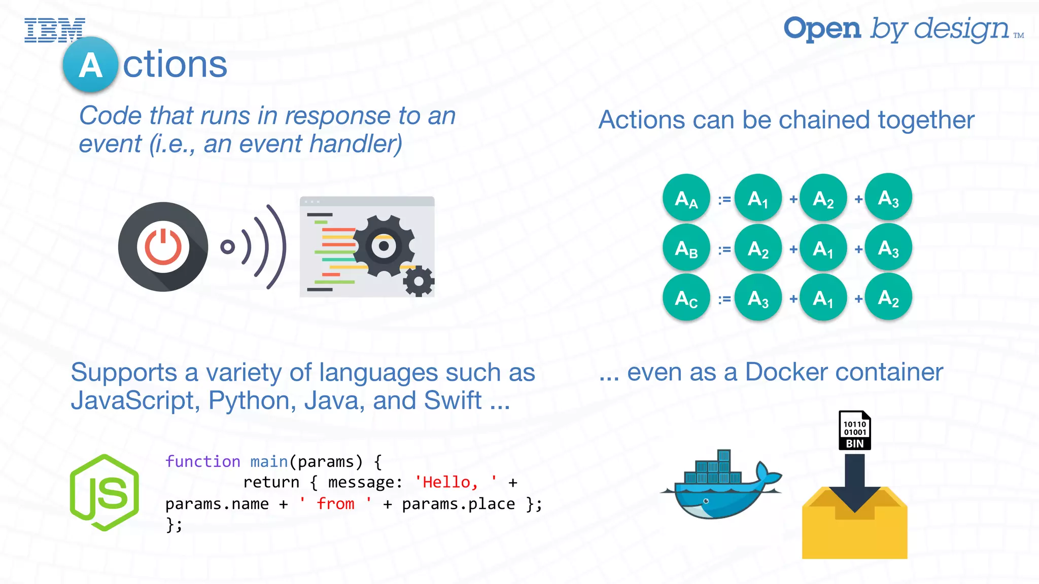 ctions Code that runs in response to an event (i.e., an event handler) A Supports a variety of languages such as JavaScript, Python, Java, and Swift ... function main(params) { return { message: 'Hello, ' + params.name + ' from ' + params.place }; }; ... even as a Docker container Actions can be chained together AA := A1 + A2 + A3 AB := A2 + A1 + A3 AC := A3 + A1 + A2 