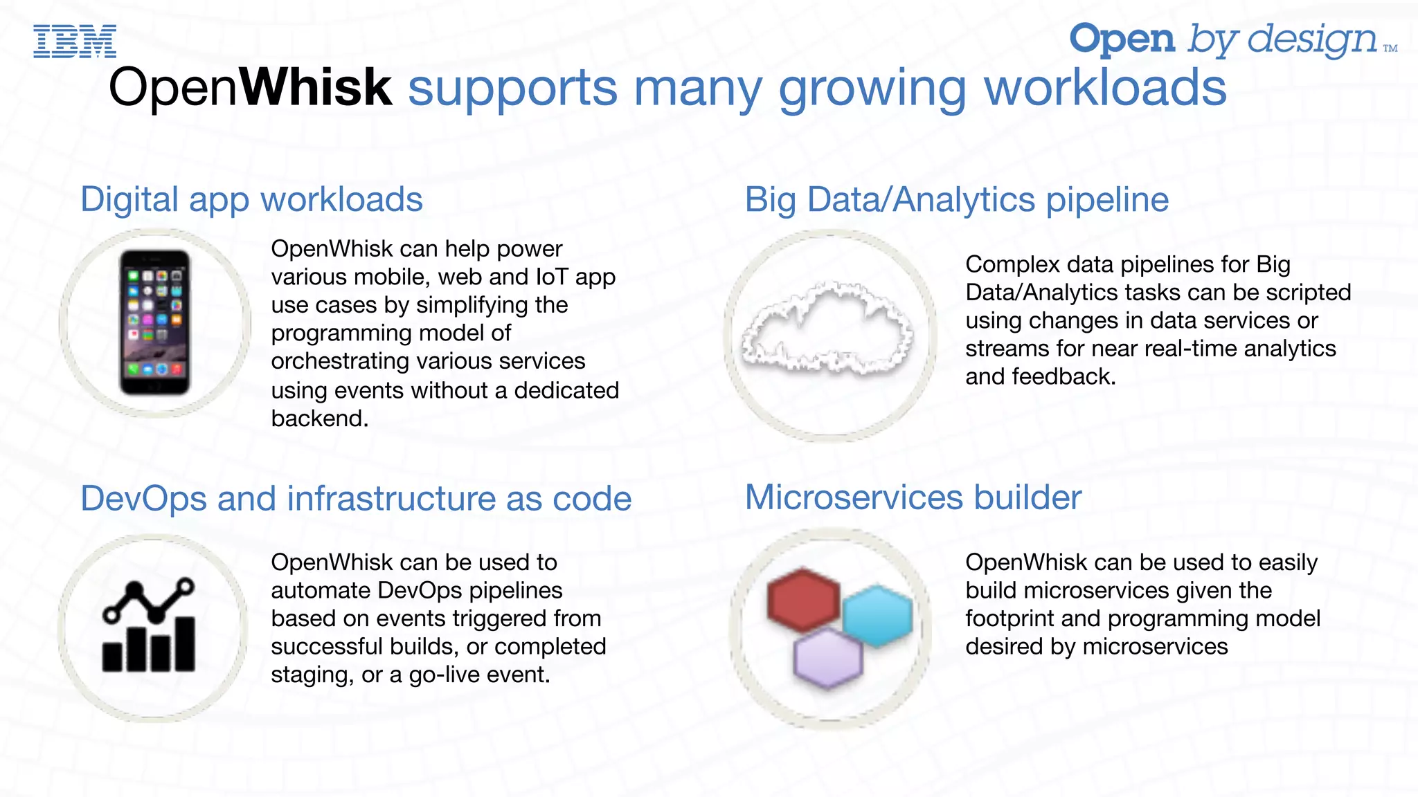 OpenWhisk supports many growing workloads OpenWhisk can help power various mobile, web and IoT app use cases by simplifying the programming model of orchestrating various services using events without a dedicated backend. Digital app workloads Big Data/Analytics pipeline Complex data pipelines for Big Data/Analytics tasks can be scripted using changes in data services or streams for near real-time analytics and feedback. DevOps and infrastructure as code OpenWhisk can be used to automate DevOps pipelines based on events triggered from successful builds, or completed staging, or a go-live event. Microservices builder OpenWhisk can be used to easily build microservices given the footprint and programming model desired by microservices 