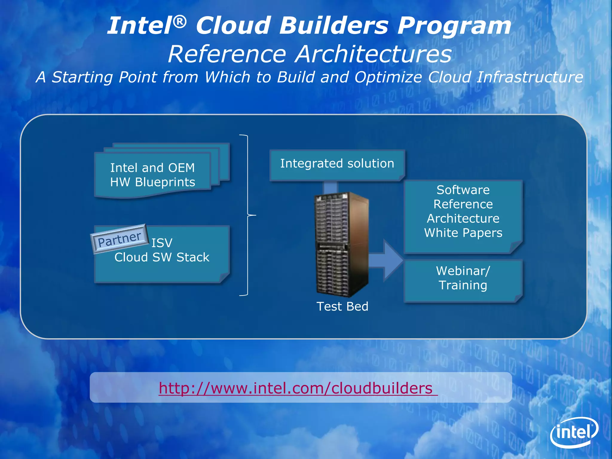 Intel® Cloud Builders Program
             Reference Architectures
A Starting Point from Which to Build and Optimize Cloud Infrastructure




         Intel and OEM         Integrated solution
         HW Blueprints
                                                      Software
                                                      Reference
                                                     Architecture
                                                     White Papers
                ISV
          Cloud SW Stack
                                                      Webinar/
                                                      Training
                                     Test Bed




                http://www.intel.com/cloudbuilders
 