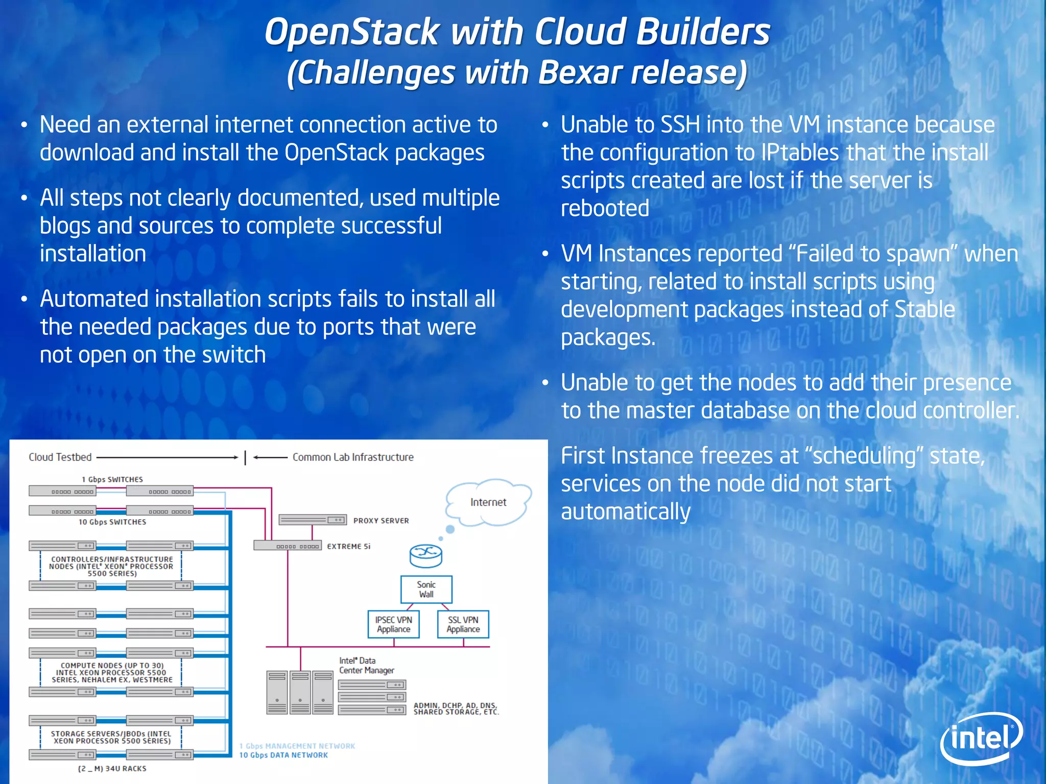 OpenStack with Cloud Builders
                             (Challenges with Bexar release)
• Need an external internet connection active to        • Unable to SSH into the VM instance because
  download and install the OpenStack packages             the configuration to IPtables that the install
                                                          scripts created are lost if the server is
• All steps not clearly documented, used multiple         rebooted
  blogs and sources to complete successful
  installation                                          • VM Instances reported “Failed to spawn” when
                                                          starting, related to install scripts using
• Automated installation scripts fails to install all     development packages instead of Stable
  the needed packages due to ports that were              packages.
  not open on the switch
                                                        • Unable to get the nodes to add their presence
                                                          to the master database on the cloud controller.
                                                        • First Instance freezes at “scheduling” state,
                                                          services on the node did not start
                                                          automatically
 